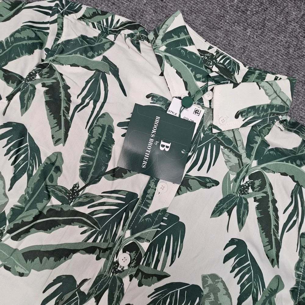 B Brooks Brothers Boys Shirt Tropical Palm Leaf Print Button Down White Green 10
